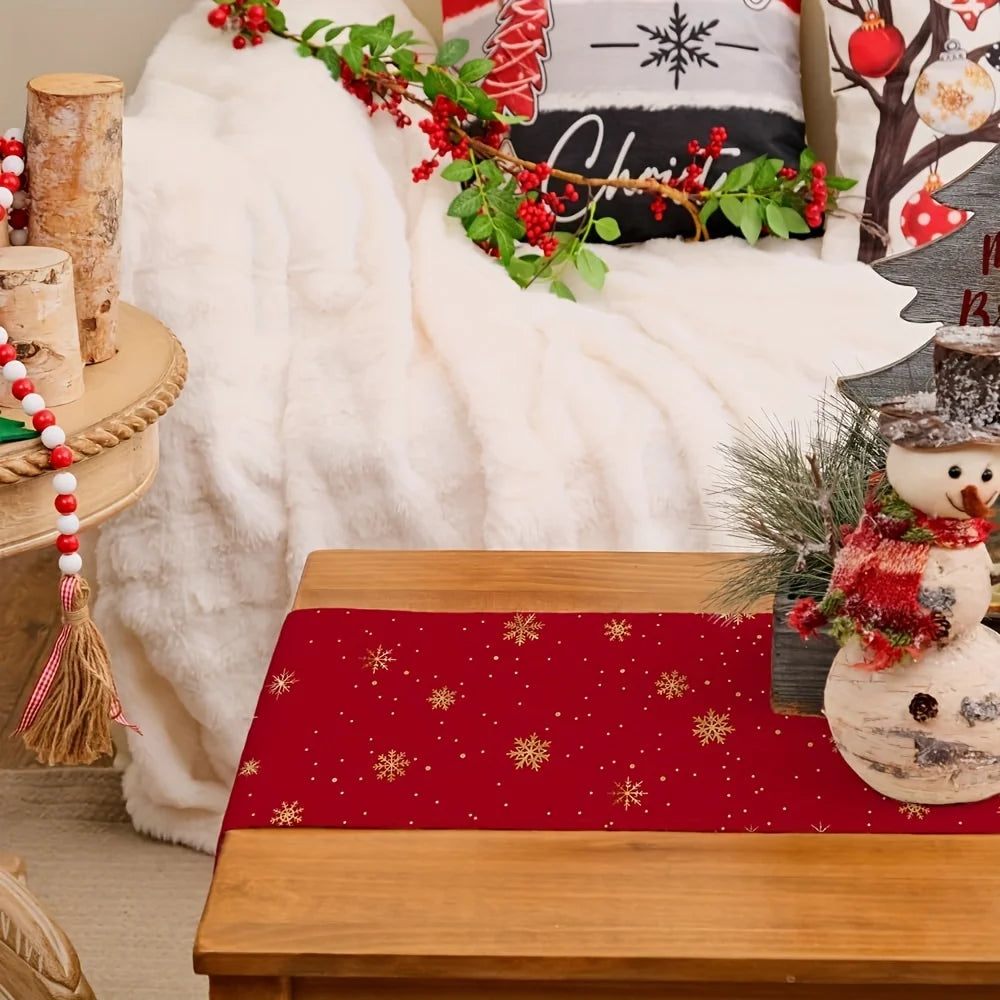 Kerst Tafelloper – Rode Kerstbomen & Sneeuwvlokken